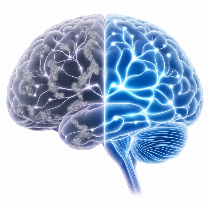 Brain clearing mechanism — cloudy neural pathways versus clear, supported pathways